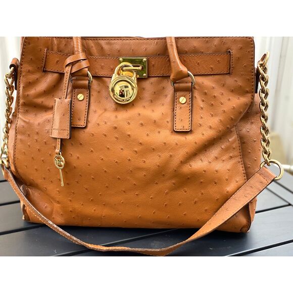 Michael Kors Caramel Ostrich Print Leather Satchel Crossbody Strap & Logo Lock - Picture 2 of 11